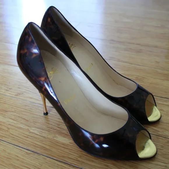 Christian Louboutin Red Heel Patent Leather Peeptoe Brown Tortoise Size 40.5